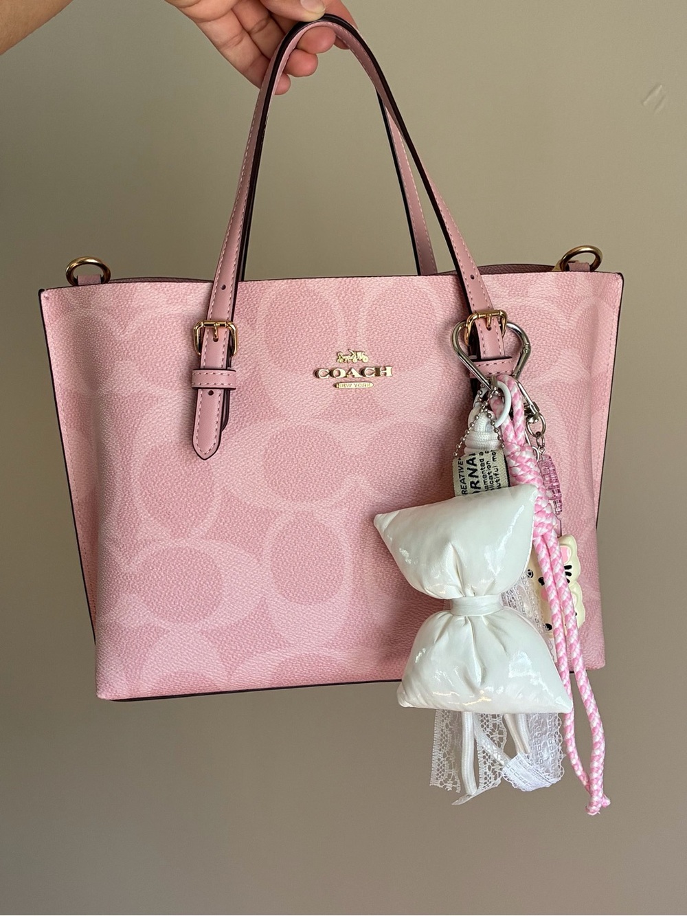 White and Pink Bow Keychain Bag Charm